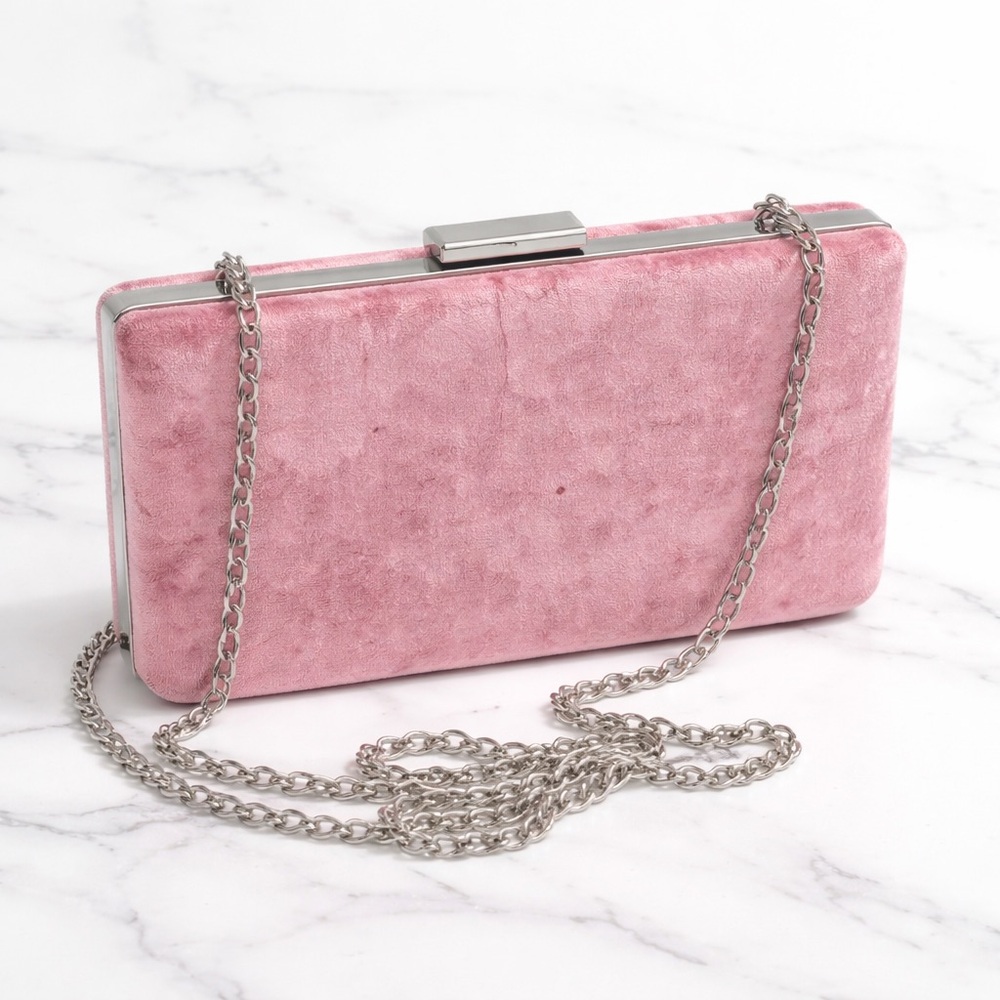 Glint Pink Crushed Velvet Clutch | Silver Chain Strap